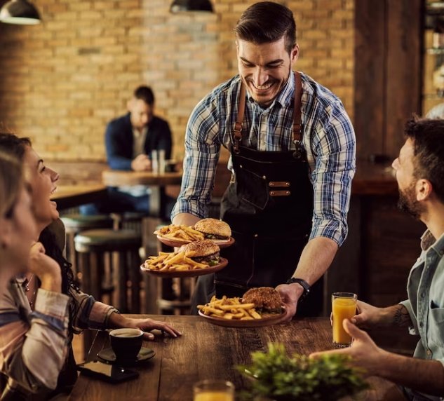 happy waiter serving food to group of cheerful friends